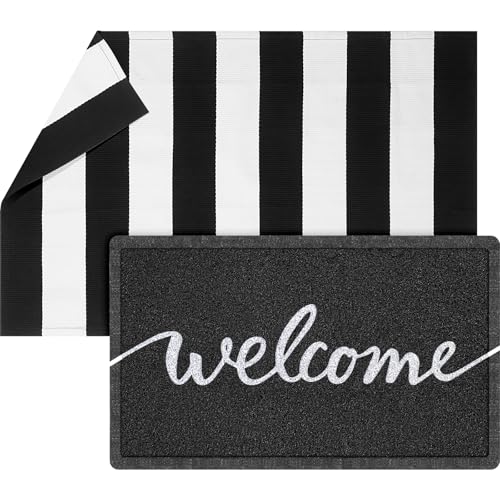 Geelin 2 Pcs Layered Welcome Doormat, Black and White Striped Rug Set - style: Stripe Welcome