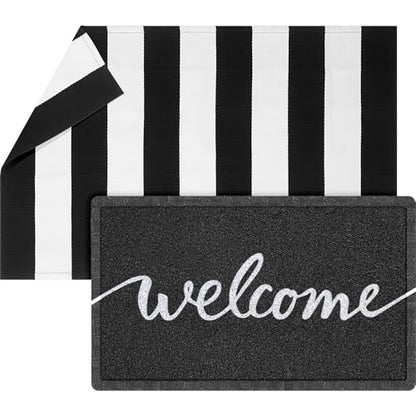 Geelin 2 Pcs Layered Welcome Doormat, Black and White Striped Rug Set - style: Stripe Welcome