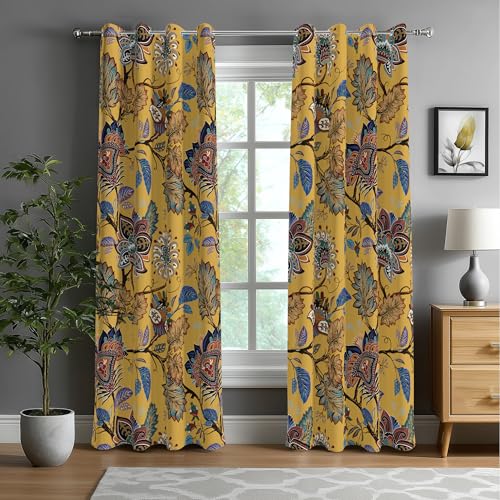 Blackout Curtains for Bedroom Mustard Yellow Boho Floral Black Out Curtains for Living Room Vintage Paisley Room Darkening Window Drapes, 52" W x 96" L (Pack of 2),Mustard Yellow Floral - color: P5-yellow, size: 52"W x 96"L (Pack of 2)