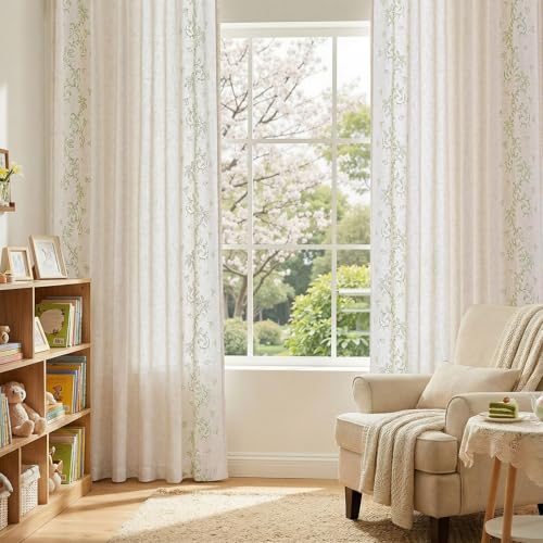 jinchan Floral Linen Curtains, Back Tab 50x96 Inch, 2 Panels Sage - color: Vine | Sage, size: 50"W x 96"L (Pack of 2)
