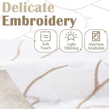 jinchan Linen Kitchen Valance Sheer Leaf Embroidered 18 Inch 1 Panel White - color: Leaf | White