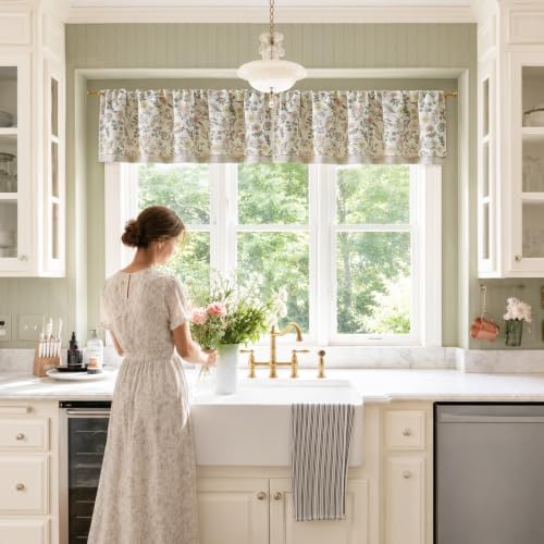 jinchan Maia Floral Linen Double Layer Valance 16 Inch 1 Panel White - color: Maia White on Linen, size: 50"W x 16"L (Pack of 1)