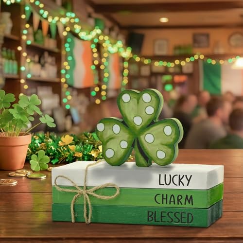 Smile St. Patrick's Day Wooden Decor Blocks LUCKY CHARM BLESSED Shamrock, Tabletop Shelf Wood Sign for Home Office Holiday Lucky Decoration - style: St. Shamrock