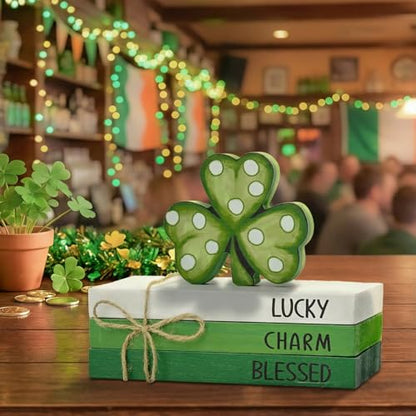Smile St. Patrick's Day Wooden Decor Blocks LUCKY CHARM BLESSED Shamrock, Tabletop Shelf Wood Sign for Home Office Holiday Lucky Decoration - style: St. Shamrock