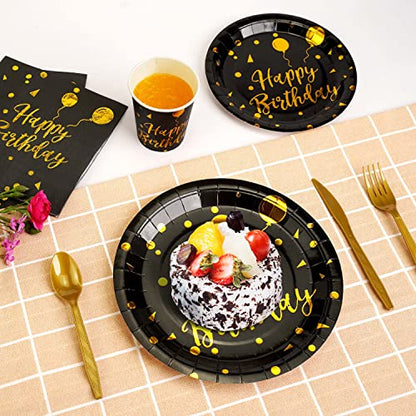 200 pieces of black and gold birthday party supplies, disposable happy birthday tableware set, gold plastic knives, forks, spoons, straws. Birthday themed tray, cup,25Guests (black) - color: Black
