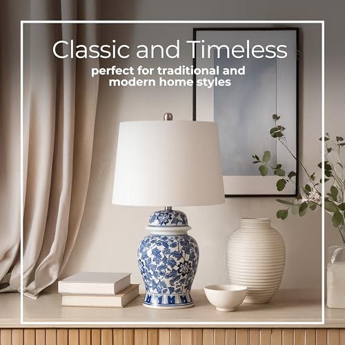 Temple Jar Accent Table Lamp with Blue & White Floral Pattern – Ceramic Stoneware Decorative Lamp with White Lampshade – Elegant Home Decor for Any Room, 14"x25"