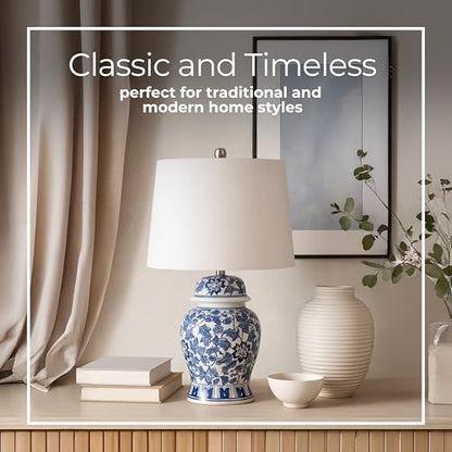 Temple Jar Accent Table Lamp with Blue & White Floral Pattern – Ceramic Stoneware Decorative Lamp with White Lampshade – Elegant Home Decor for Any Room, 14"x25"