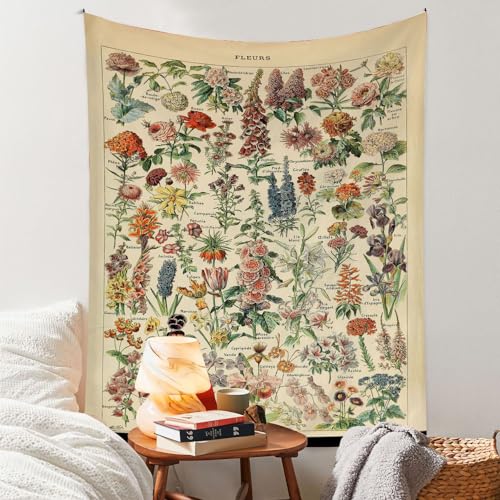 Vintage Flowers Tapestry 59”x51”, Long Vertical Wall Hanging Reference Illustrative Botanical Tapestries for Bedroom Aesthetic Floral Tapistry Botanical Plants Tapestry Wall Hanging Cute Bedroom Decor - color: Vintage Flowers, size: 59"L x 51"W