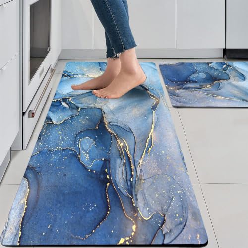 Mrcrypos Set of 2 Blue and Gold Marble Kitchen Mats PVC Leather Waterproof - color: Blue Marble, size: 17" W x 29" L + 17" W x 47" L