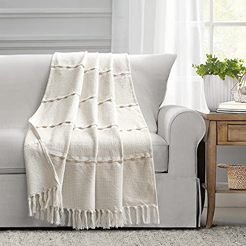 Lush Decor Herringbone Stripe Woven Tassel Yarn Dyed Cotton Throw Blanket 50" W x 60" L Neutral & White - Striped Throw Blankets - Beige Couch Blanket - color: Neutral & White