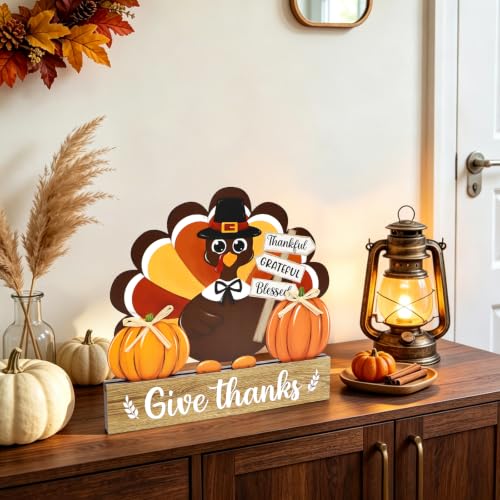 Thanksgiving Decorations Turkey Wooden Table Sign Fall Thanksgiving Turkey Tray Home Centerpiece Autumn Tabletop Rustic Farmhouse Pumpkin Decor for Give Thanks Harvest Indoor Office Shelf Party