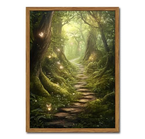 Vintage Forest Fairy Wall Art Enchanted Tree Fairy Wall Decor Painting Whimsical Nature Woodland Landscape 3D Texture Hand Drawn Sandstone Artwork for Bedroom Living Room 12x16 inch Wood Framed - color: Tree b, size: 16"L x 12"W