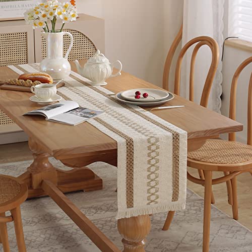 Boho Burlap Macrame Table Runner, Farmhouse Style Cotton Linen Rustic Woven Table Runner with Tassels for Dining, Wedding, Bridal Shower, Bohemian (12x72 inch, Coffee Lines) - color: Coffee Lines, size: 12x72 inch