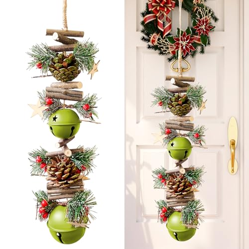 23.6 Inches Christmas Pinecone and Bell Hanging Decoration, Rustic Wood Stick Garland with Frosted Pine Leaves, Snowy Berries and Bells, Holiday Ornament for Door Wall Fireplace, Indoor Outdoor Decor - color: Green