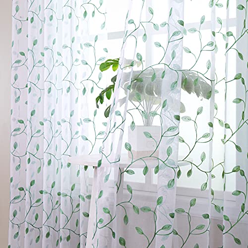 Tollpiz Leaves Sheer Tier Curtain Green Leaf Embroidery Kitchen Half Curtains Rod Pocket Voile Faux Linen Embroidered Leaves Curtain for Bathroom, 30 x 36 inches Long, Set of 2 Panels - color: Green, size: 30"W x 36"L (Pack of 2)