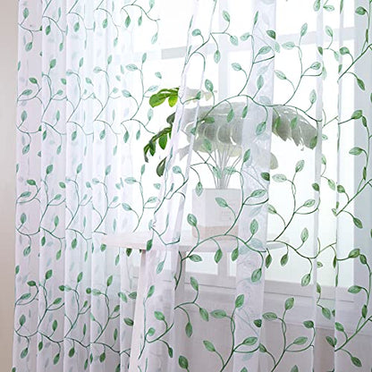 Tollpiz Leaves Sheer Tier Curtain Green Leaf Embroidery Kitchen Half Curtains Rod Pocket Voile Faux Linen Embroidered Leaves Curtain for Bathroom, 30 x 36 inches Long, Set of 2 Panels - color: Green, size: 30"W x 36"L (Pack of 2)