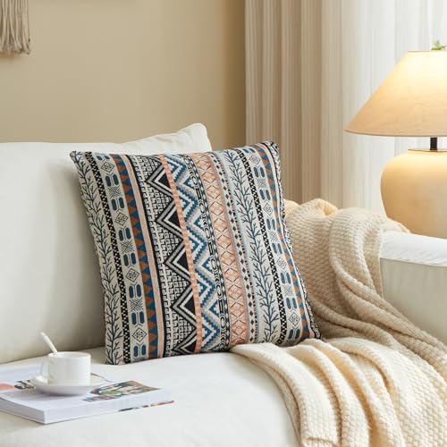 Boho Throw Pillow Covers 18x18 Set of 2 - Cotton Linen Decorative Pillows for Couch, Rustic Farmhouse Cushion Covers for Living Room Bed Sofa, Soft Holiday Accent Decor, Amber Elegance - color: Amber Elegance, size: 18" x 18" (Pack of 2)