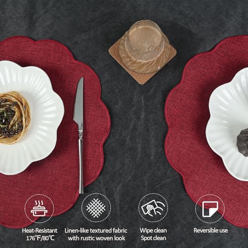 AHHFSMEI Round Scalloped Placemats Set of 6 15 Inch Faux Linen - color: Burgundy Red