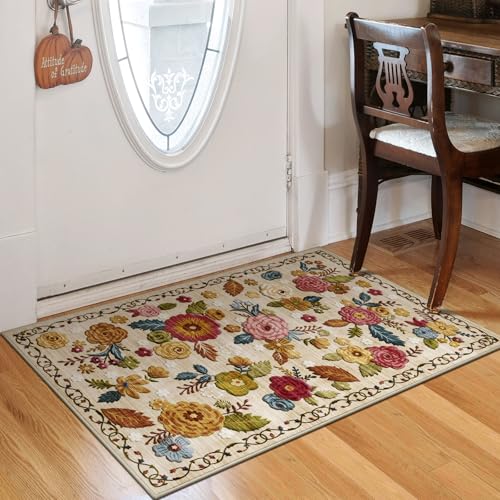 Washable 2x3 Small Area Rug, Beige Boho Floral Non-Slip Entryway Door Mat - color: Beige, Cream, Mustard, Brick Red and Blue, size: 2' x 3' (Rectangular)