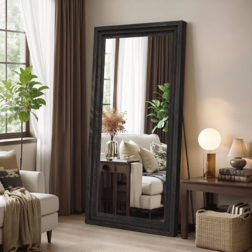 Wood Full Length Mirror 65"x24", Large Solid Wood Frame Floor Mirror - color: Black, size: 65"L x 24"W