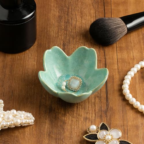 Mecaikru Ceramic Jewelry Tray, 3.5 in Flower Ring Dish with Gift Box & Card - color: dark green