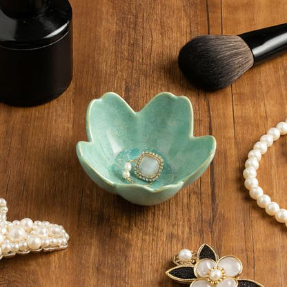 Mecaikru Ceramic Jewelry Tray, 3.5 in Flower Ring Dish with Gift Box & Card - color: dark green