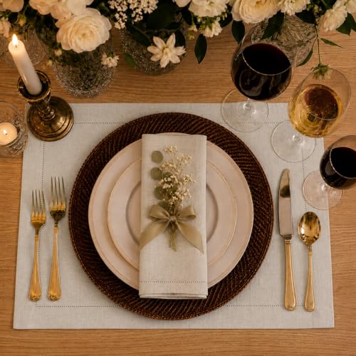 Signature Linen™ by D'Moksha, Light Natural Placemats Set of 4, 14 x 19 Inch, 100% Pure Linen Table Mats, Hemstitch, Machine Washable Cloth Placemats- Fall, Weddings, Outdoor Hosting - color: Light Natural, size: Set of 4 (14 X 19 Inch)