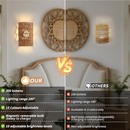 Battery Powered Wall Sconce, Rattan Rechargeable Wall lamp, Bohemian Wall Sconces with Remote Control RGB Dimmable, Wireless Wall Sconce Set of 2 for Bedroom, Hallway, Living Room
