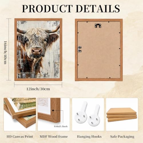 Rustic Highland Cow Framed Wall Art, Farmhouse Canvas Print, 12x16 Inch - color: Brown-Highland cow