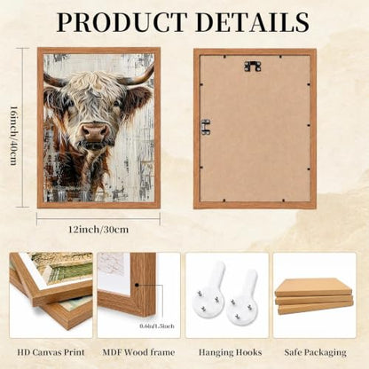 Rustic Highland Cow Framed Wall Art, Farmhouse Canvas Print, 12x16 Inch - color: Brown-Highland cow