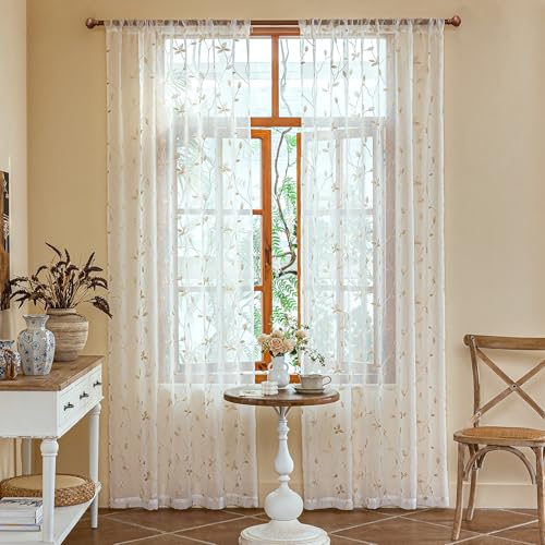 AmHoo 2 Panels Embroidered Leaf Pattern Semi Sheer Curtains Foliage Floral Voile Window Draperies Treatment for Bedroom Living Room Rod Pocket White Beige 53 x 63 Inch - color: White Beige, size: 53"W x 63"L (Pack of 2)