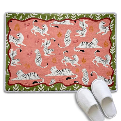 Boho Tiger Bathroom Mat,Pink Green Chinoiserie Kitchen Mat,Soft Non-Slip Tiger Decorative Mats Rug for Bathroom Dressing Table Shower Tub Kitchen Entry Door,24x16Inch