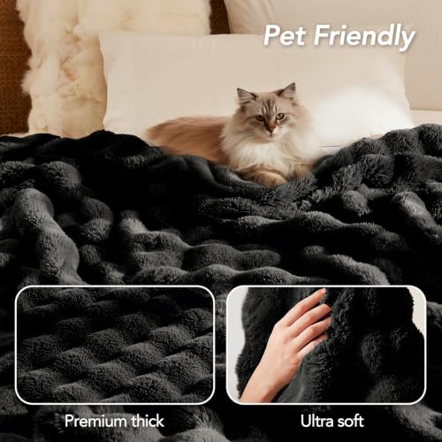 L'AGRATY Faux Rabbit Fur Throw Blanket for Couch, 90'' x 108'', Black - color: Pure Black, size: 90" x 108"