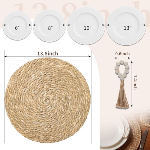 Woven Placemats Set of 6, 13.8 Inch Round Natural Water Hyacinth Rattan Placemats with Wooden Beads Napkin Rings for Farmhouse Dining Table Decor, Thanksgiving Halloween Christmas