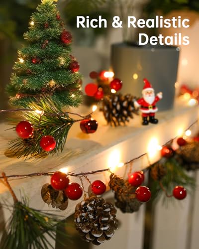 Luditek Christmas Garland with Lights, 6.4FT Battery Operated Prelit Garland Decorated with 20 LED Red Berries Pine Cones, Christmas Decorations Indoor for Mantel, Home, Fireplace, Stairs, Xmas Decor