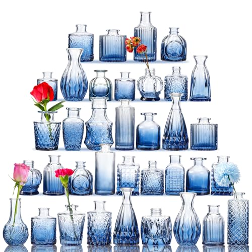 Fixwal 36 Blue Bud Vases Glass Bud Vase Set of 36, Small Vases for Flowers - color: Blue, size: 36pcs