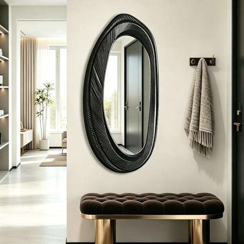 POZINO 47"X22" Large Irregular Wall Mirror, Black Asymmetrical Oval Mirror - size: 47"L x 22"W