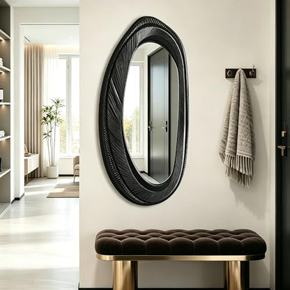 POZINO 47"X22" Large Irregular Wall Mirror, Black Asymmetrical Oval Mirror - size: 47"L x 22"W