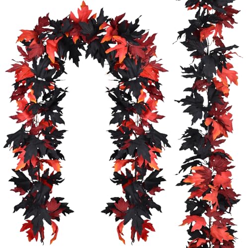 Lvydec 2 Pack Halloween Fall Maple Garland - 5.9ft/Piece Artificial Hanging Fall Leave Vines Garland Autumn Decor for Thanksgiving Home Wedding Party - color: Red&black
