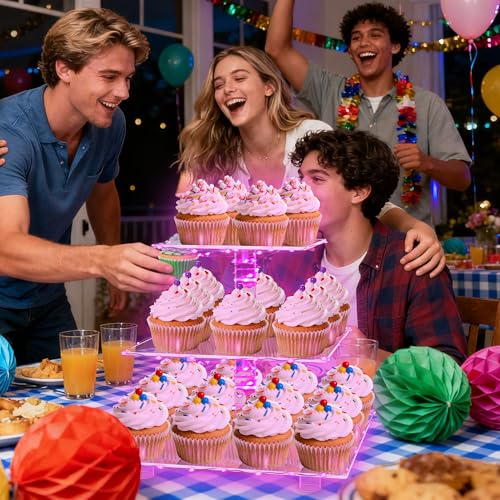 YestBuy 3 Tier Cupcake Stand with Pink Light, Cupcake Tower for 24 Cupcakes - color: Pink, size: 3 Tier Square