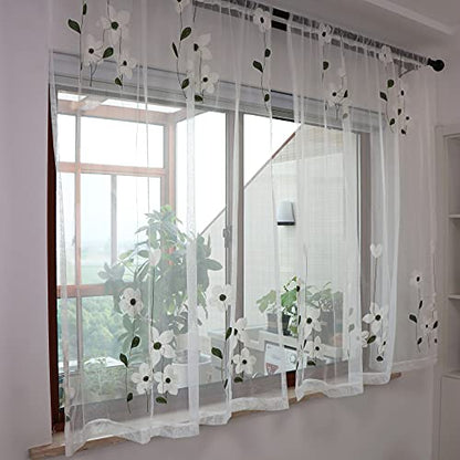 SLOW SOUL Set of 2 Panels White Magnolia Flower Embroidered Sheer Curtains for Bedroom Living Dining Room Window Treatments Drapes Villa Lace Curtain Voile Rod Pocket White 52W X 63 inch Length - size: 52"W x 63"L (Pack of 2)