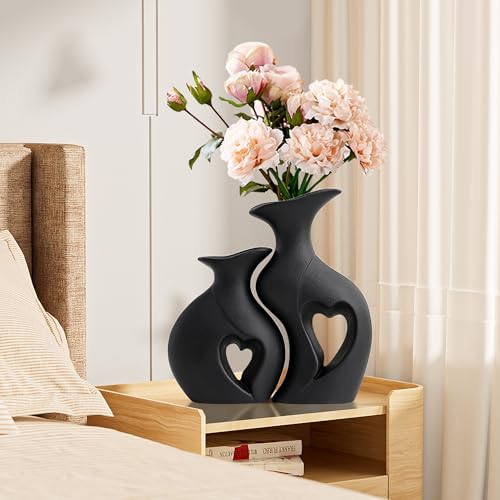 XL Black Snuggle Hollow Ceramic Flower Vase Home Decor Set of 2 - color: XL Black