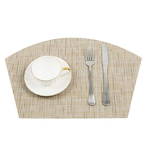 SHACOS Round Table Placemats Wedge Shaped Placemat Set of 4 Non Slip Heat Resistant Woven Vinyl Table Mats Wipe Clean Indoor Outdoor (4, Beige Yellow) - color: Beige Yellow