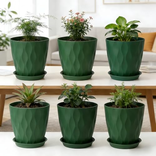 8 Inch Plastic Plant Pots for Plants with Drainage Holes and Saucer, 6 Pack - color: Deep Green 8 Inch
