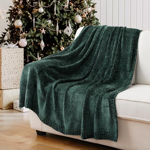 Dark Green Throw Blanket, Chenille Throw Blanket for Couch Bed 51"x67" - color: Dark Green