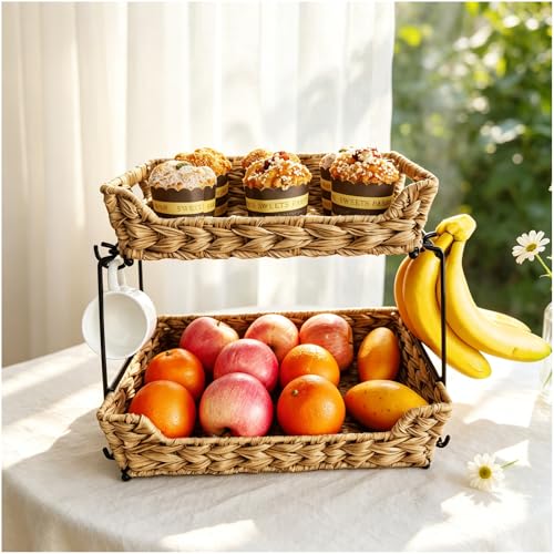 2-Tier Round Faux Rattan Wicker Storage Basket with Metal Frame, Countertop Organizer Shelf for Kitchen, Bathroom, Pantry (Corner)