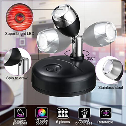 Hortsun 6 Pack Battery Operated LED Wireless Spotlight, 13 Color RGB, Black - color: Black, style: Battery Powered