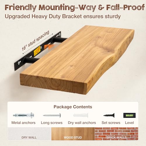 fuqing Live Edge Floating Shelves for Wall, 55 Inch Solid Elm Wood Shelves - color: Natural Elm Live Edge - 8"d, size: 55"L - 1Pack