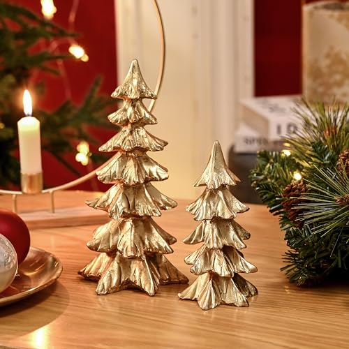 FESTGLOX Gold Christmas Tree Figurines,Small Resin Christmas Tabletop Trees - color: Gold, size: Set of 2