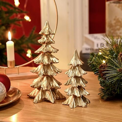 FESTGLOX Gold Christmas Tree Figurines,Small Resin Christmas Tabletop Trees - color: Gold, size: Set of 2